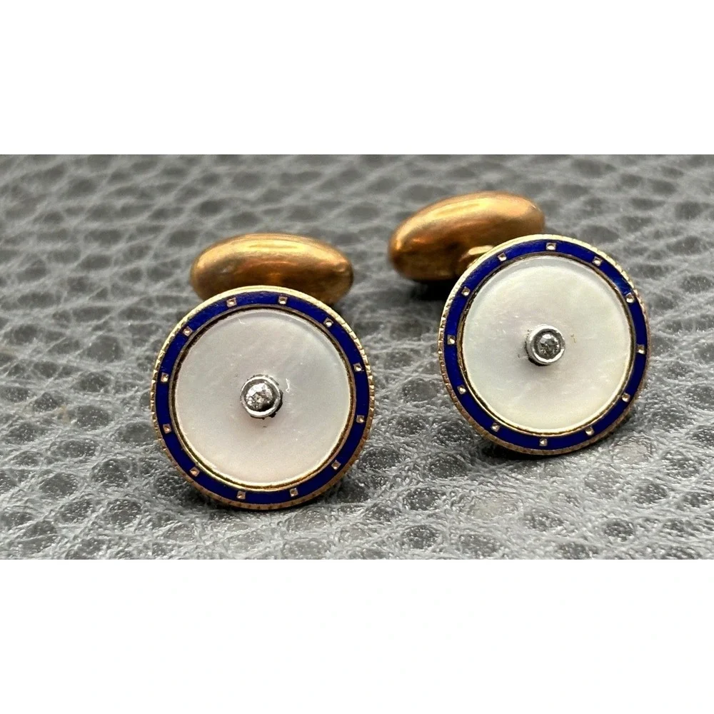 Carter & Howe 14K Gold Mother of Pearl Blue Enamel Diamond Cufflinks Art Deco